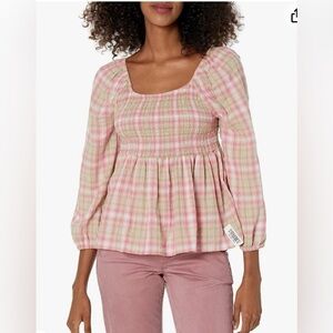 NWT TOMMY JEANS LONG SLEEVES PINK PLAID SMOCKED PEPLUM TOP size M